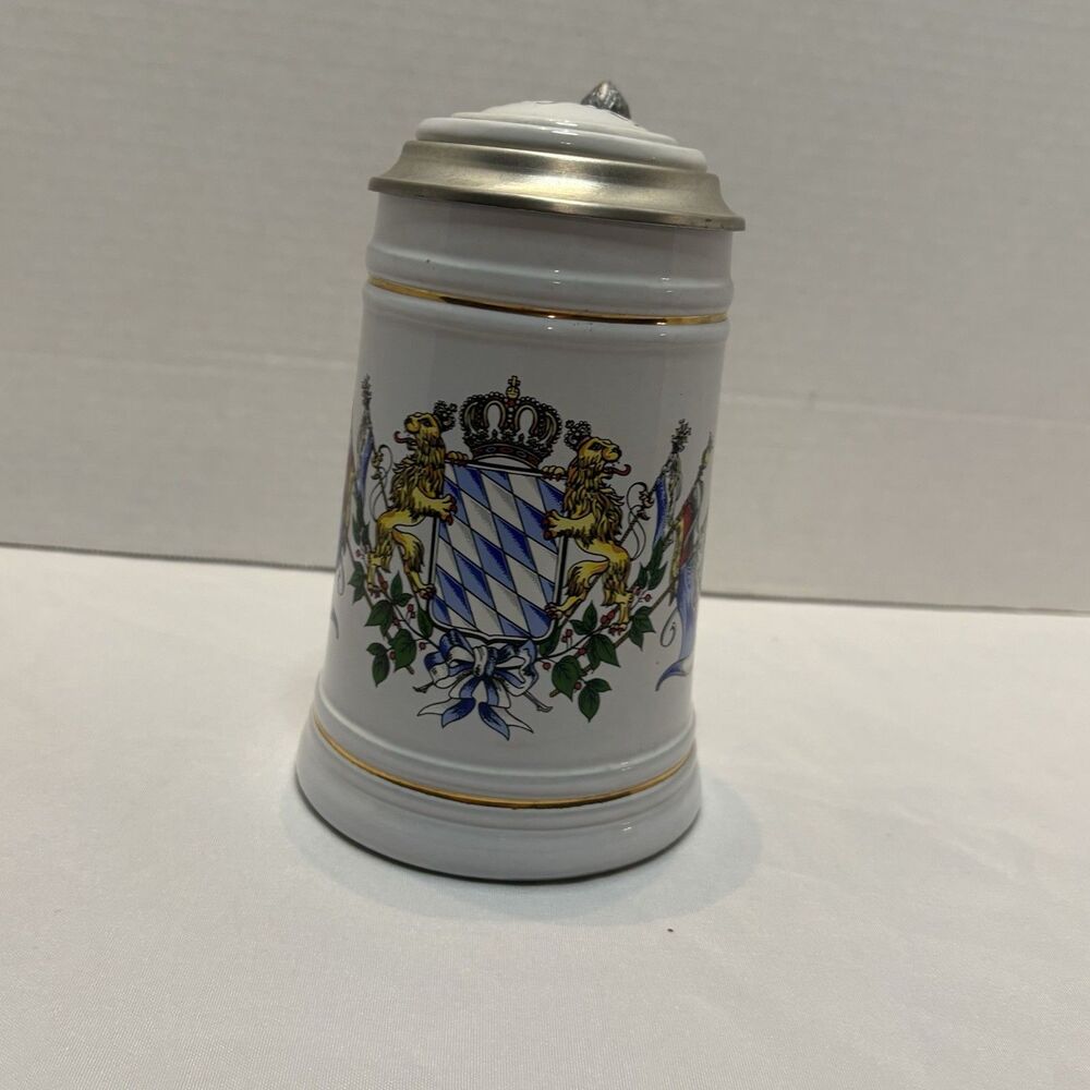 Vintage Bavarian Beer Stein Pewter Lid Bavrian Coat of Arms Made In Germany